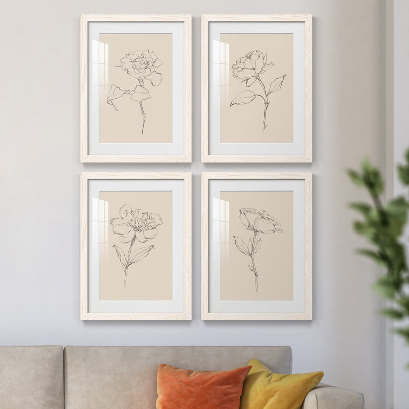 Floral Contour Study I - Ensemble de 4 cadres photo, Cadre blanc, H 20 po x l 68 po x P 1,5 po