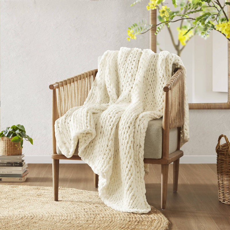 Ivory Blush Chunky Cable Knit Handmade Throw, 50"x60"