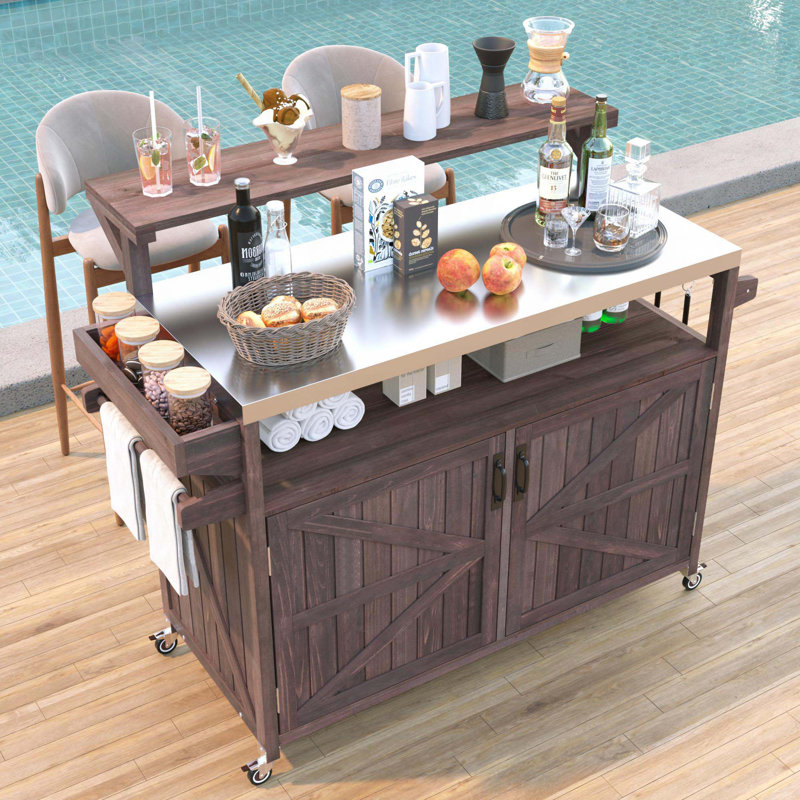 53.3" Outdoor Kitchen Island With Stainless Steel Top, Raised Shelf, Internal Storage Rack, Spice Rack & Adjustable Shelf