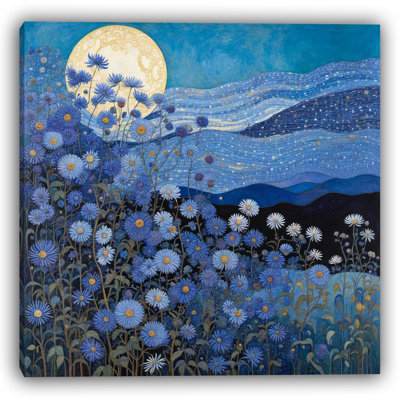 Moonlit Wildflowers - Starry Blue Floral Canvas Art