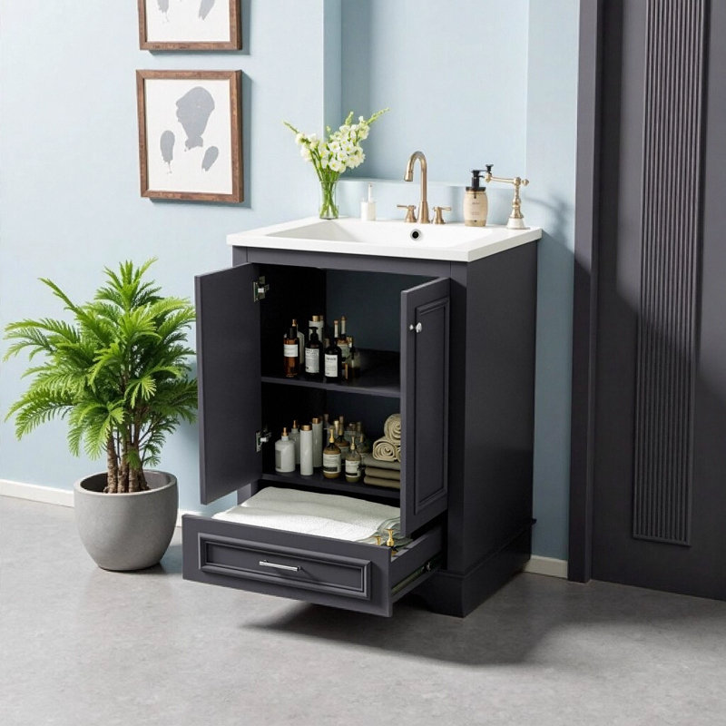 Meuble-lavabo autoportant avec portes à fermeture douce et poignées argentées 24 po Modern Blue Grey, Gris, Argent argent