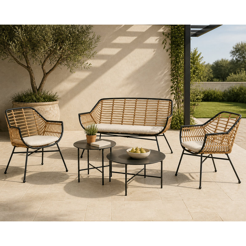 Ensemble de conversation de patio 5 pièces en acier tressé, brun naturel