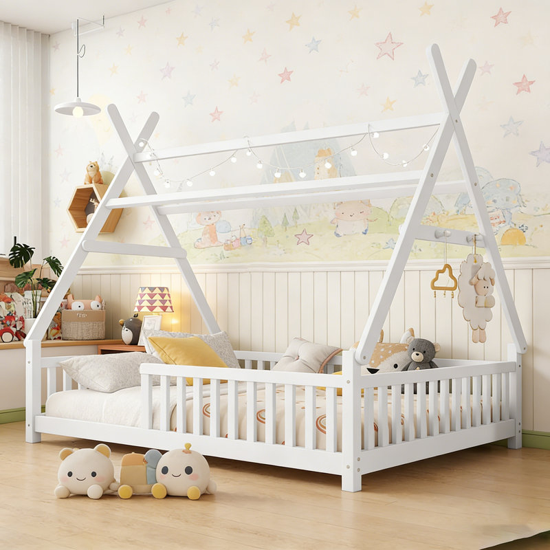 Lit de maison avec éclairage à DEL et plancher bas, parfait pour le jeu et le sommeil des enfants, Lit double, Blanc