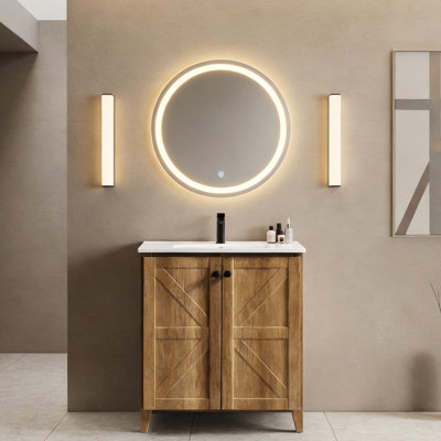 Armoire de plancher pliante en chêne doré de 30 pouces avec évier - Assemblage rapide et facile, solution de salle de bain compacte, panneau à faible teneur en formaldéhyde, empreinte digitale - mat, charnières silencieuses, aspect 3D, capacité de rangement pliable