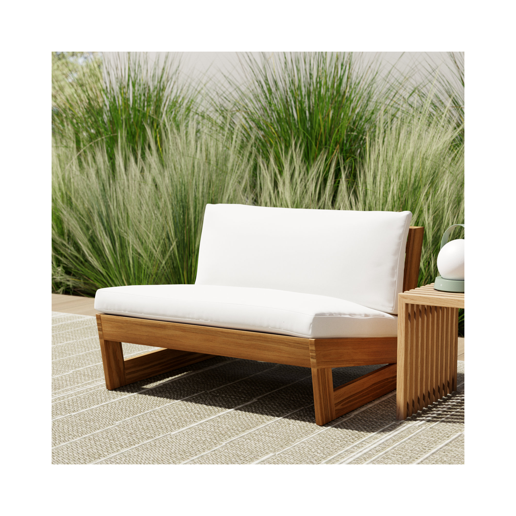 Louise Acacia Outdoor Armless Lounge Chair, Teak Frame/White Cushion