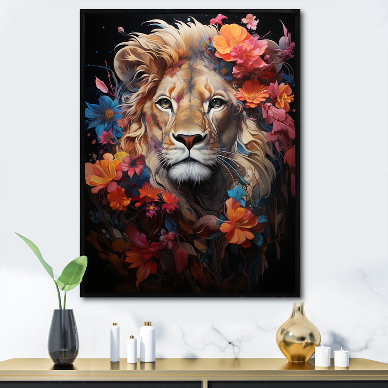 Lion, domaine mystique, fantaisie sur toile, H 20 po x l 12 po x P 1 po, Cadre flottant noir