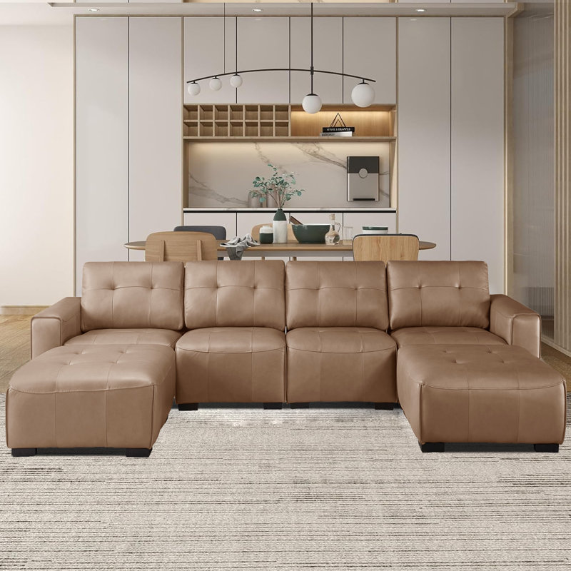 Upholstered Leather 6-piece U Sectional Reversible Chaise Ottomans, Khaki Brown Faux Leather