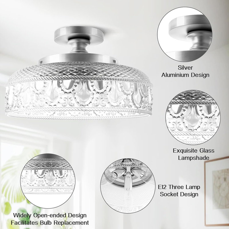 Large Silver Globe Glass Semi Flush Mount Ceiling Light