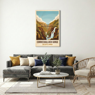 Corrieshalloch Gorge, Scotland - Romantic Travel Poster Of Gorge, Waterfall And Suspension Bridge. Giclee Print On Wrapped Canvas. Wall Art, Home Decor - Natural Landmarks, Scotland - Wrapped Canvas Print