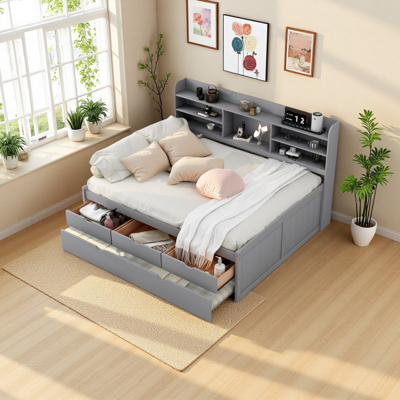Wooden Captain Bed With Built-In Bookshelves,Three Storage Drawers And Trundle, Light Gray