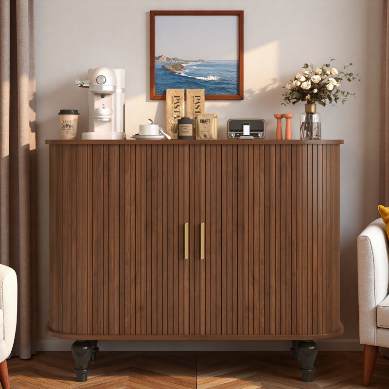 Fluted Liquor & Coffee Bar Cabinet With 6 Wine Racks, 3 Glass Holders, 1 Large Storage Drawer And 4 Hidden Side Storage Compartments