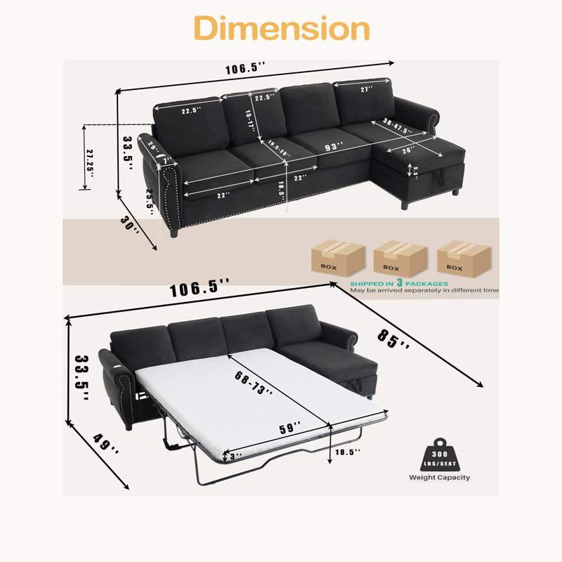 106.5" Pull Out Sofa Bed,L Shaped Modular 4 Seater Couch,2-In-1 Sofa Bed,Wireless Charging, Black
