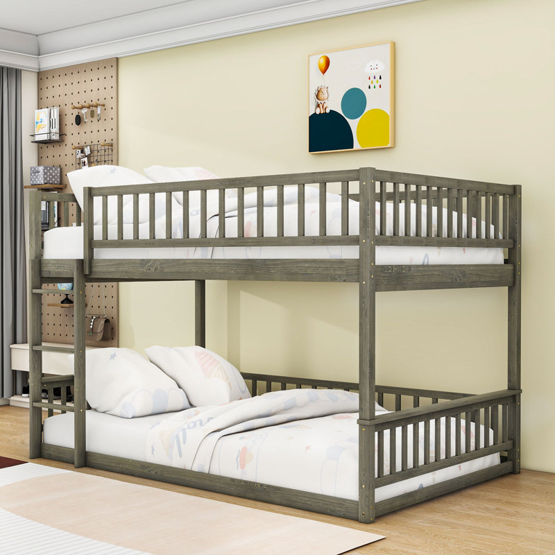 Queen Over Queen Wooden Bunk Bed With Ladder And Slats, Gray