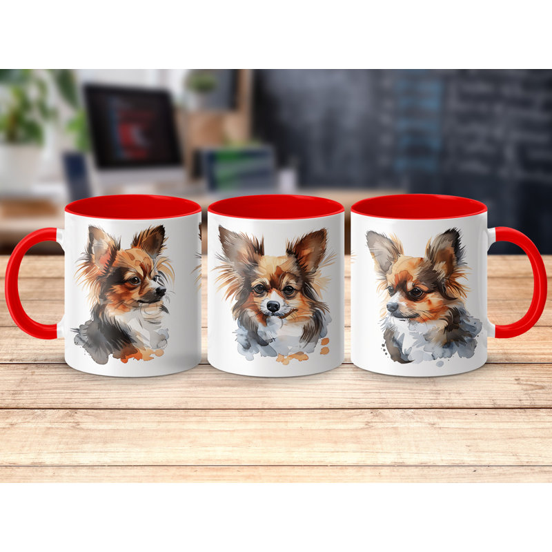 Three Papillon Dog Watercolor Art 11oz Coffee Mug, Red, 3
