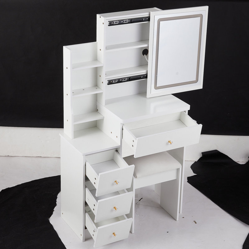 Petite coiffeuse 29,2 po avec tabouret de chevet gauche + tabouret rembourré, 2 blocs d'alimentation CA + 2 ports USB, support pour séchoir à cheveux, très grand miroir à DEL coulissant à contrôle tactile, changement de luminosité tricolore, régl
