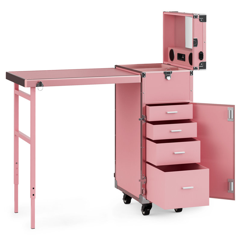 Manicure Trolley with Table, Pink Foldable Traveling Nail Desk w/Storage, Worktable and Mirror