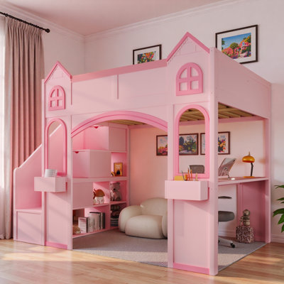 Wood Castle Loft Bed With Storage Staircase, Desk, Shelves And Led Light