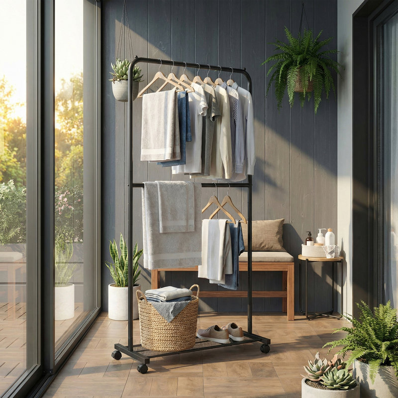 Portant à vêtements avec roulettes, support à vêtements à double tringle, support à vêtements avec tablette de rangement, 2 freins