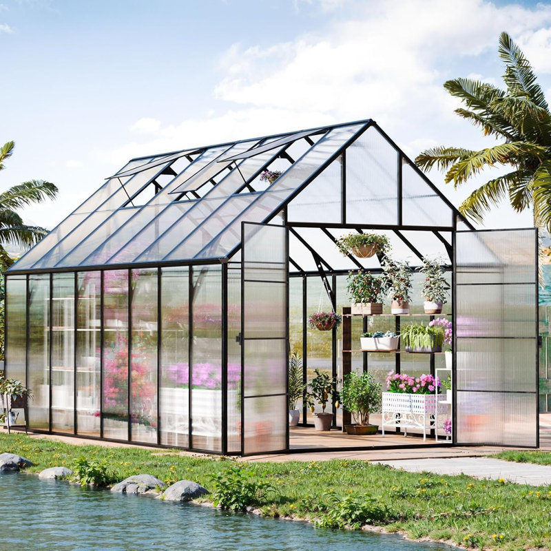 10X16 FT Walk-In Polycarbonate Greenhouse With Aluminum Frame, Lockable Door & Ventilation Window, Green House For Outdoors