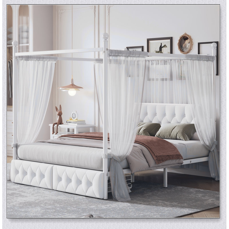 Queen Size Metal Canopy Platform Bed With Upholstered Headboard And Two Storage Drawer