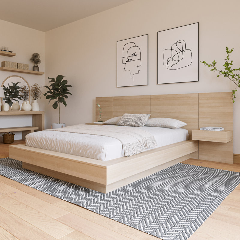Ensemble de chambre à coucher 3 pièces avec lit et 2 tables de chevet flottantes Kaenen, Beige, Grand