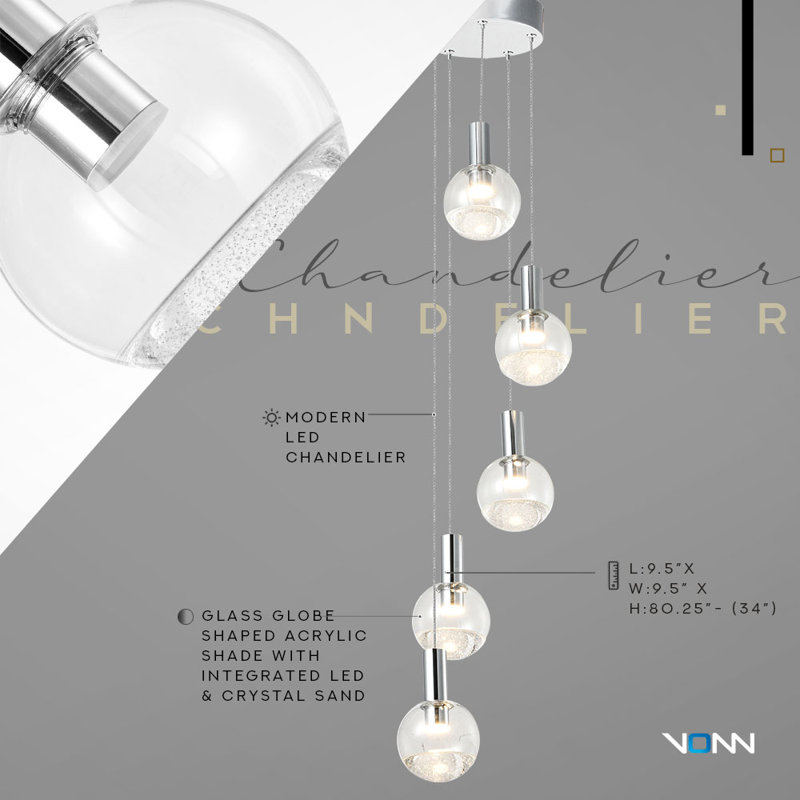 Sienna 5-Light Height Adjustable ETL Certified Integrated LED Chandelier with Globe Shades, Polished Chrome