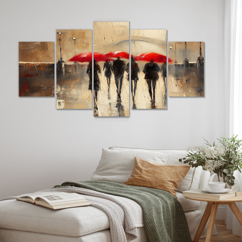 «The Red Umbrellas Rainy Day Bridge Over Seine I - City Paris, art mural sur toile 5 pièces, H 32 po x l 60 po
