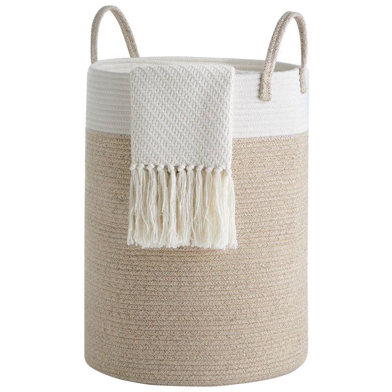 Fabric Laundry Basket with Handles, White/Brown