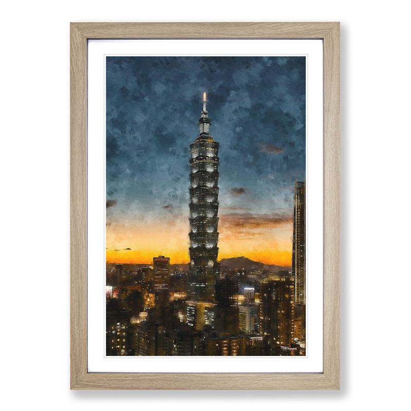 Taipei City in Taiwan Abstract - Picture Frame Graphic Art Print, 33cm H x 24cm W x 2cm D, Oak Framed