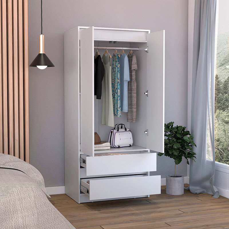 Armoire 2 tiroirs, porte double, tringle, Blanc