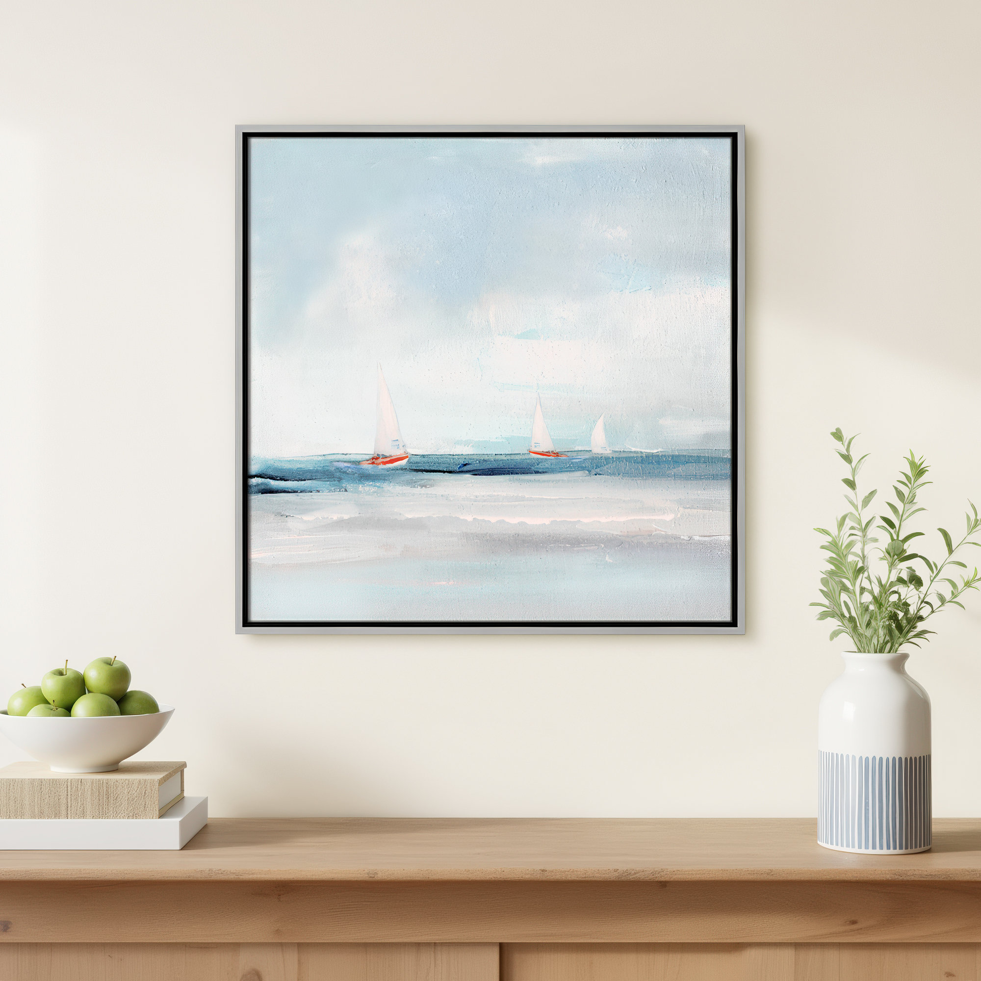Caribbean Sail by Sally Swatland - Floater Frame Print on Canvas, Silver, 25.5" H x 25.5" W x 2" D
