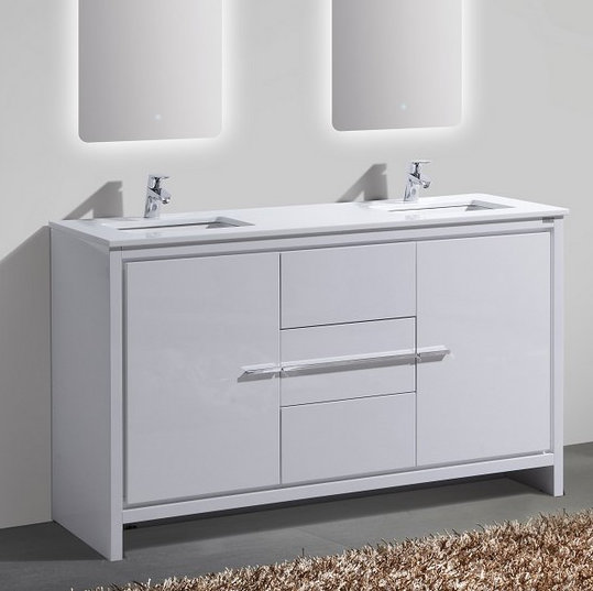 Meraris Double Bathroom Vanity with Quartz/Ceramic Undercount Sink Top, High Gloss White