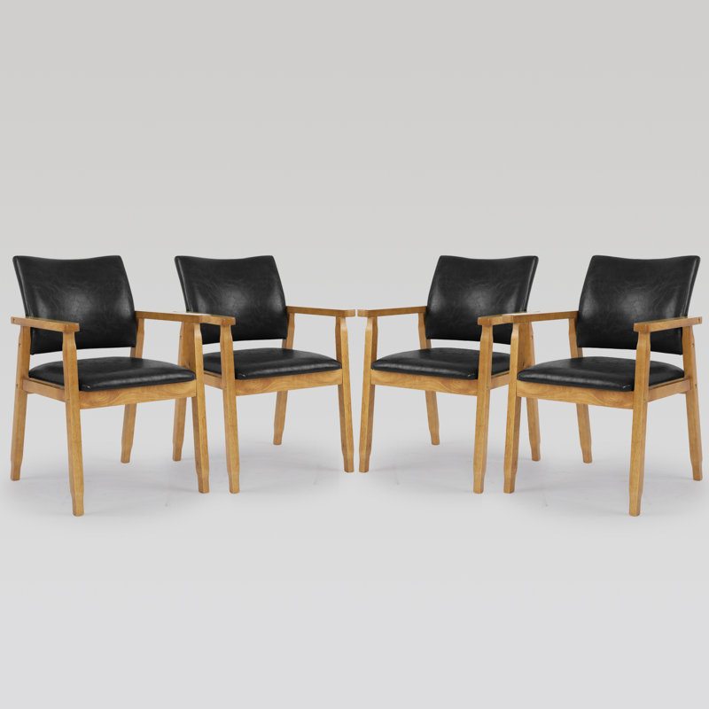 Modern Pu Leather Upholstered Wood Arm Chair With Solid Wood Armrest And Legs, Set Of 4, Black