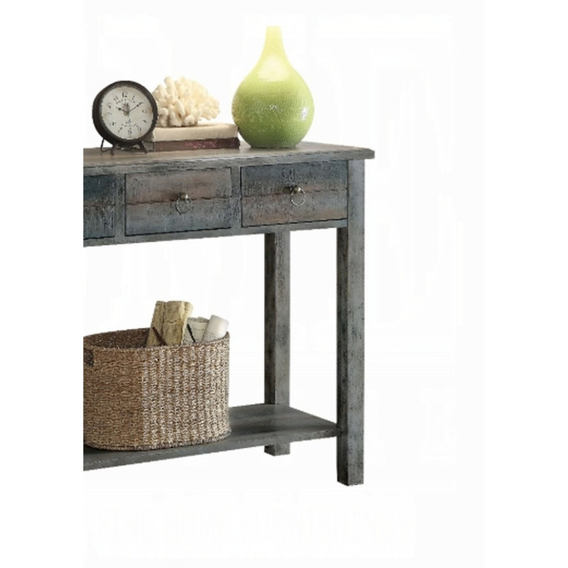 Console gris antique et bleu sarcelle, plateau rectangulaire en bois avec deux tiroirs et espace de rangement ouvert, poids de la table de 70 lb, tiroir en bois synthétique rustique de 40 lb, 15,58 po P, l 41,37, H 32,41, 2