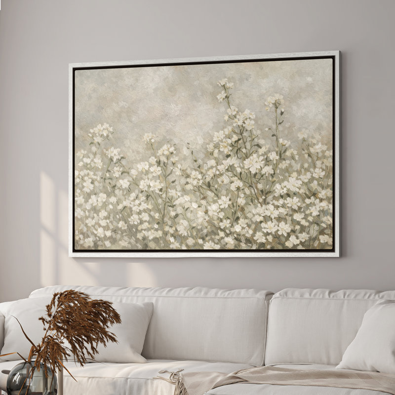 Art mural encadré sur toile - Champ de fleurs sauvages blanc doux dans une palette neutre et calme - 16 po x 24 po, 24 po x 36 po