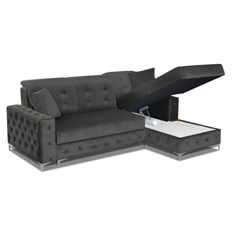 Canapé-lit et chaise longue en velours de 83 po Bowdon, Gris, Orienté à droite (vu de face)