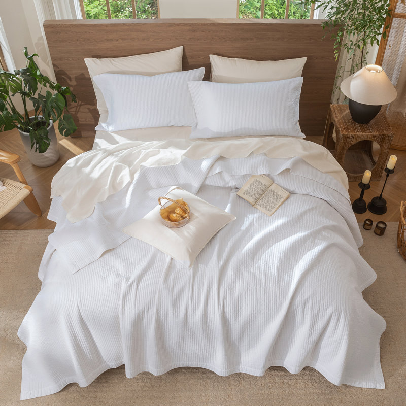 Ensemble de courtepointe à rayures 100% coton délavé, Courtepointe pour grand lit + 2 taies décoratives, Blanc brillant