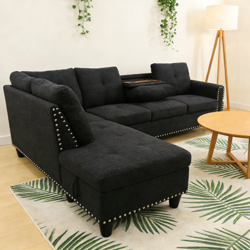 Ensemble de canapé en forme de L 3 pièces avec table rabattable et repose-pieds de rangement, disponible en tissu ou similicuir