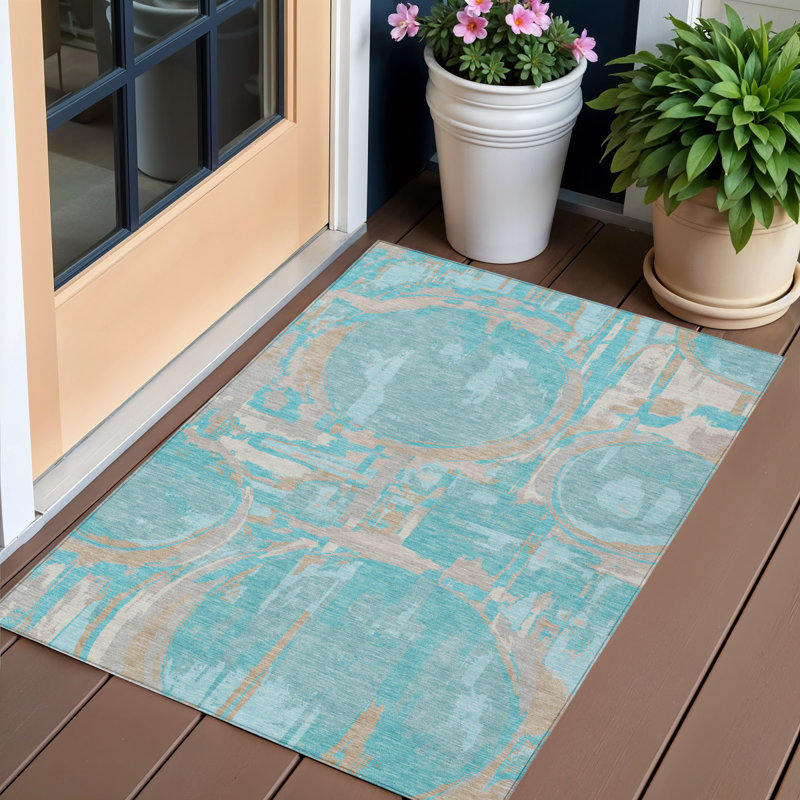 Tapis intérieur / extérieur 3 pi x 5 pi bleu turquoise et taupe lavable à motif géométrique