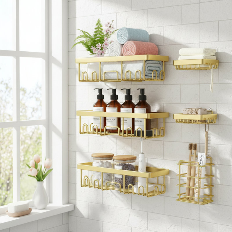 Organisateur de salle de bain mural antirouille avec porte-savon No-Drilling, Or vif