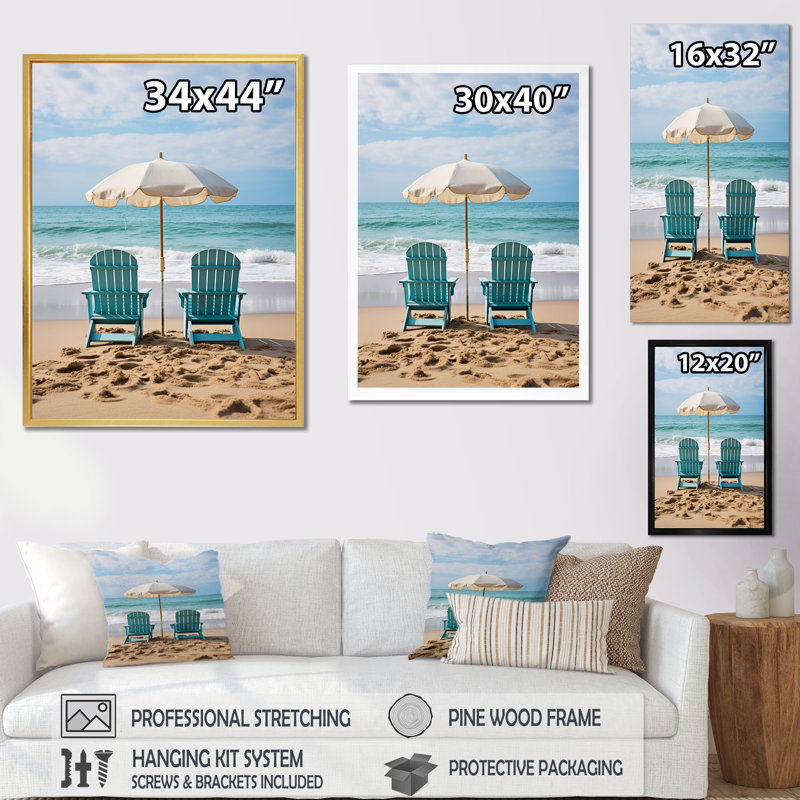 «Beach Chairs Scenery III - Coastal Beach», art mural sur toile, Cadre simple noir, H 44 po x l 34 po x P 1,5 po