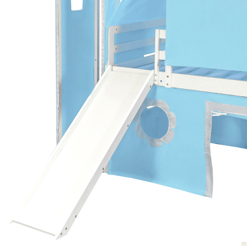 Lit mezzanine simple avec glissoire, tente et tour bleues, Bleu