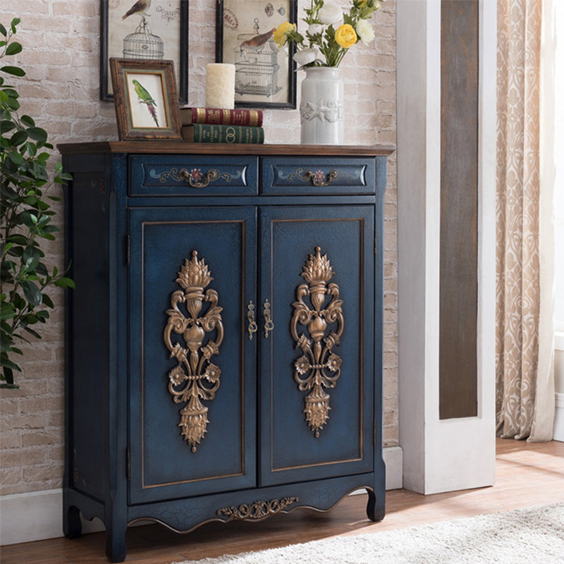 Armoire à chaussures en bois massif sculpté et peint 20 paires, Bleu
