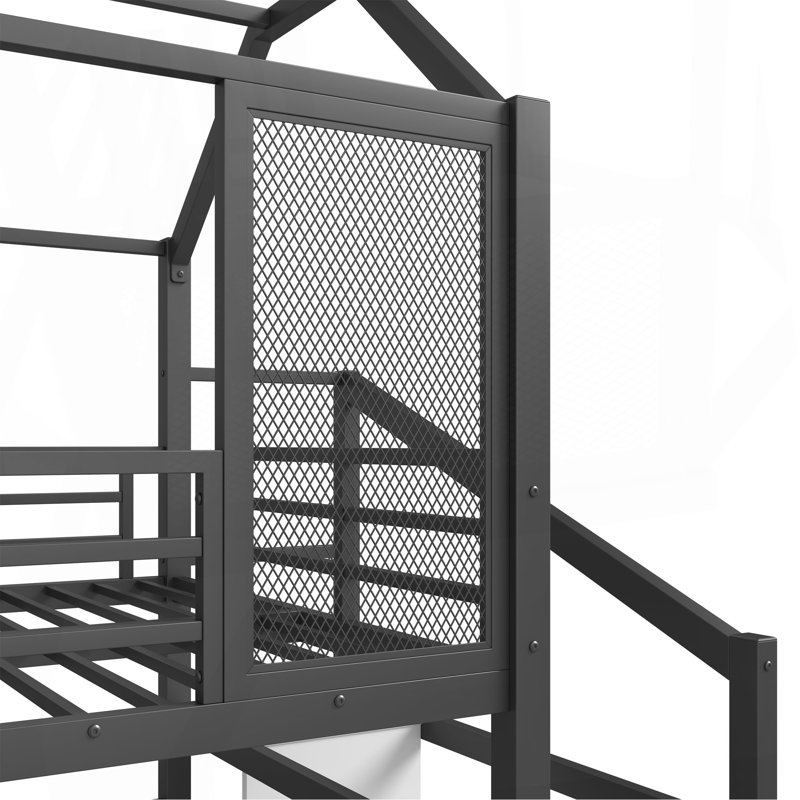 House Loft Bed With Slide And Stairs, Metal Playhouse Bed With Storage Shelves, House-Shaped Roof And Noise-Free Design, Full