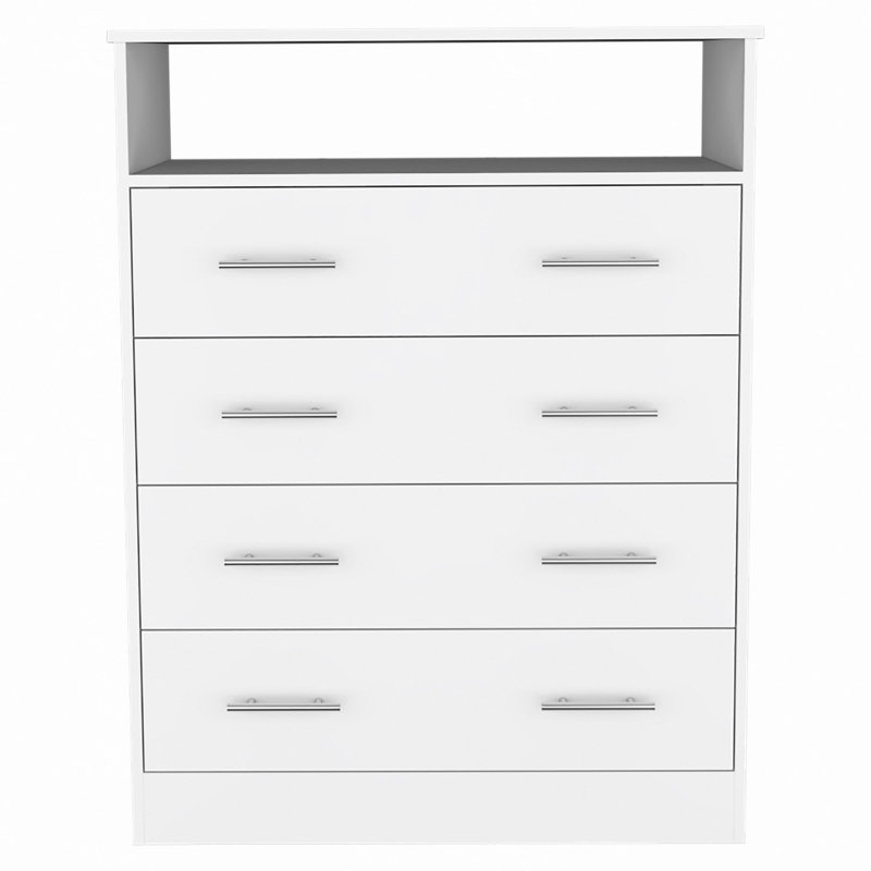 Commode à quatre tiroirs, plateau supérieur, une tablette ouverte, Blanc