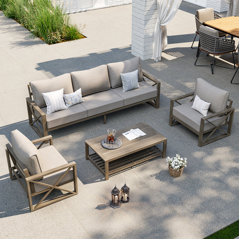 Ensemble de conversation moderne pour patio 4 pièces avec tissu en oléfine, Beige