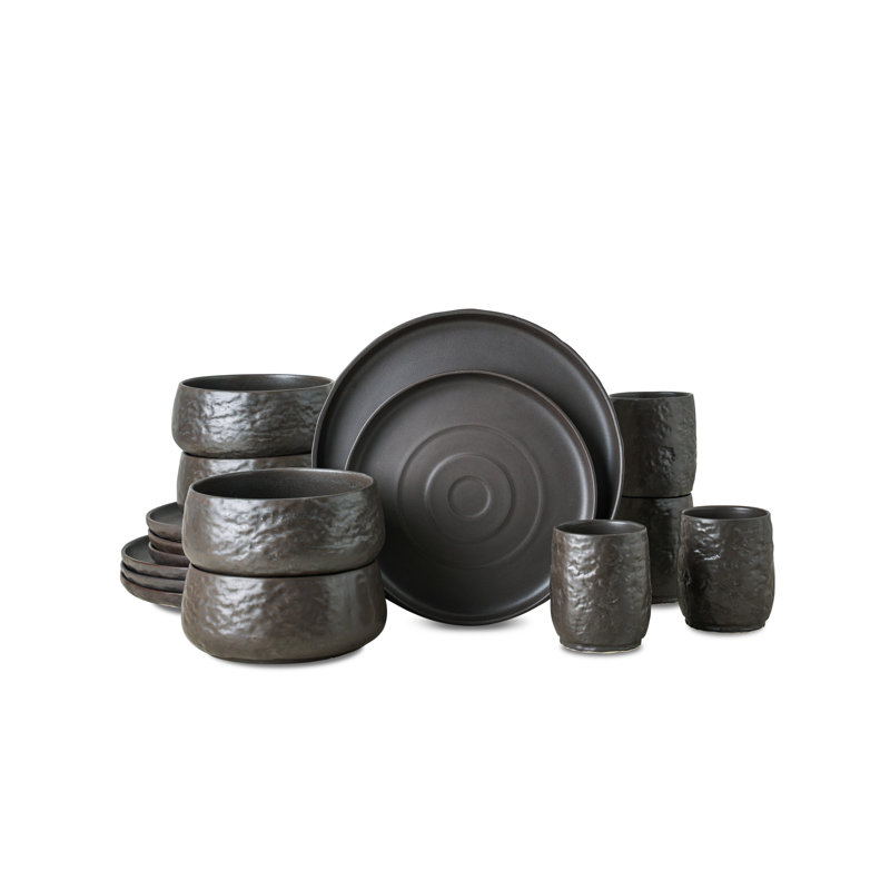 Shosai Stone by Mercer Project Shosai 16-Piece Dinnerware Set Stoneware, Black