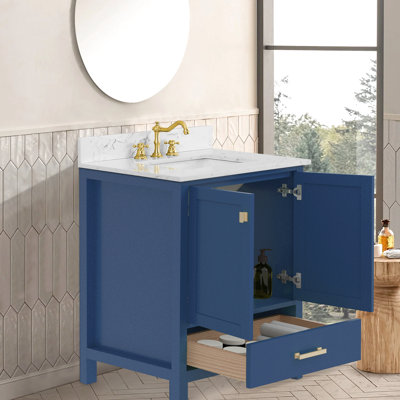 Blue 30'' Bathroom Vanity With Solid Wood Base, Freestanding Sink, Soft-Close Slides, Lightweight And Graceful For 30-Inch Frame, Top, Drawers, Modern Fashionable