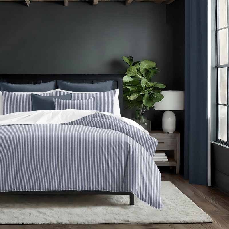 Walker Ticking Stripe Indigo/White Cotton Coverlet Set, California King Coverlet/Bedspread + 2 King Shams