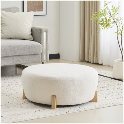 Modish Round Ottoman: BoucleTop with Splayed Rubber Wood Legs, White